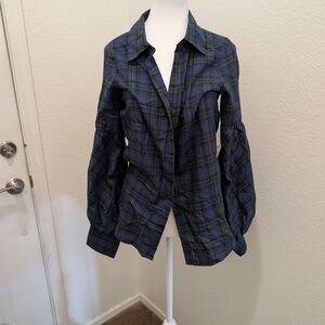 Navy Plaid Bubble Sleeve Button Up